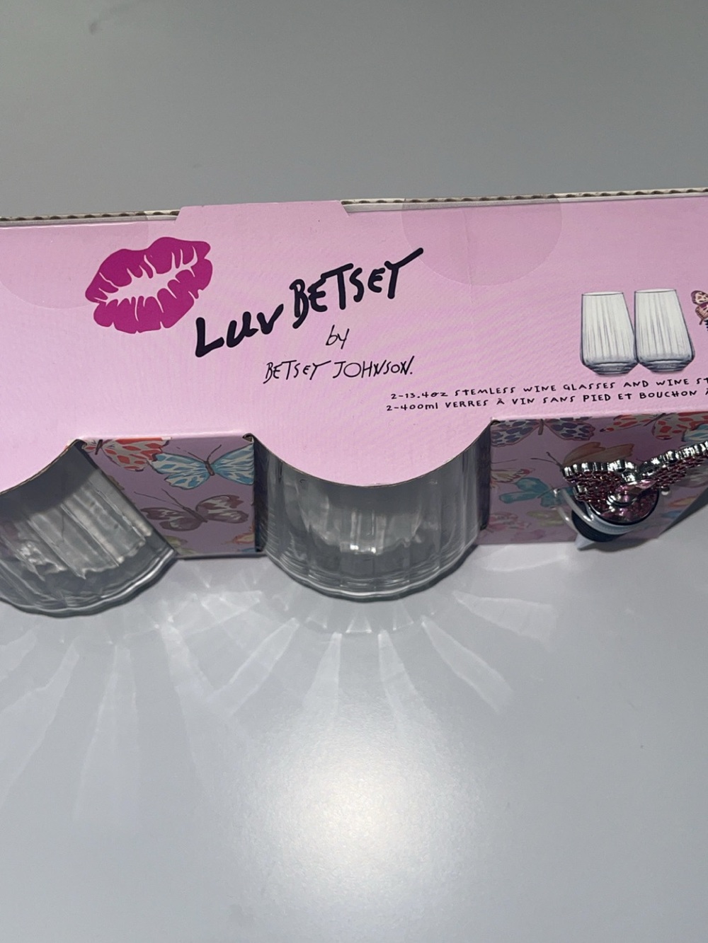 Betsey Johnson Pink Luv Betsey Stemless Wine Glasses